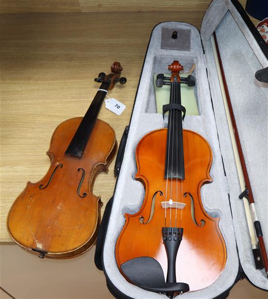 A 3/4 German violin and a Chinese violin with case and bow L.56cm